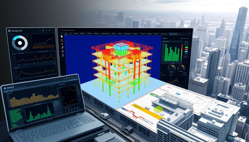 A sleek, modern software interface with a central 3D visualization of a complex building structure, its structural elements and load-bearing systems highlighted in vivid colors. The foreground features various analytical tools, graphs, and simulations, with intuitive controls and a clean, minimalist design. The middle ground showcases detailed building plans, seismic data, and real-time sensor readings, while the background depicts a cityscape with skyscrapers and infrastructure, subtly hinting at the software's real-world applications. The overall scene conveys a sense of technological sophistication, precision, and the future of seismic design engineering.