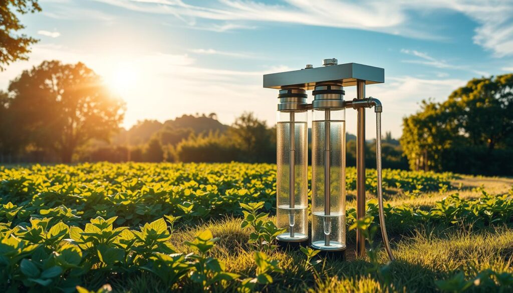 A sleek, modern water purification system standing in a lush, verdant landscape. The system's stainless steel housing gleams under the warm, golden light of the sun, casting soft shadows on the ground below. The foreground showcases the intricate filtration mechanisms, with transparent tubes and valves allowing the viewer to see the water flowing through the system. In the middle ground, a verdant garden of thriving plants surrounds the purifier, symbolizing the system's role in sustaining a healthy, eco-friendly environment. The background features a serene, blue sky with wispy clouds, conveying a sense of tranquility and natural harmony. The overall composition exudes a sense of innovation, sustainability, and environmental stewardship.