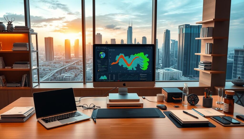 A sleek, modern workspace showcasing an array of tools for lifecycle analysis. In the foreground, a high-resolution computer monitor displays intricate data visualizations and simulation models. On the desk, a state-of-the-art laptop and various input devices, like a stylus and digital tablet, enable seamless interaction with the software. Surrounding the workstation, shelves hold reference materials, technical manuals, and various analytical instruments. Warm, indirect lighting casts a subtle glow, creating a focused, productive atmosphere. Through a large window in the background, a cityscape of gleaming skyscrapers and infrastructure projects can be seen, hinting at the real-world applications of these lifecycle analysis tools.