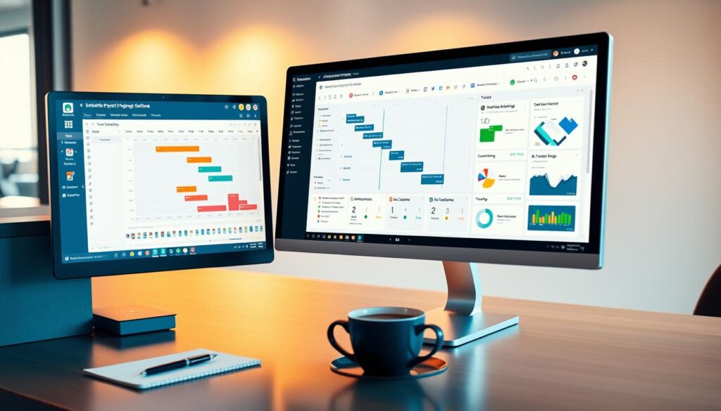 A sleek, modern workspace with a computer monitor displaying intuitive project management software. The user interface showcases interactive Gantt charts, task boards, and scheduling tools. Vibrant icons and data visualizations convey the software's powerful capabilities. The desk is neatly organized, with a pen, notebook, and a cup of coffee nearby, reflecting the productive environment. Warm, directional lighting casts a professional ambiance, while the background blurs into a minimalist, neutral palette, keeping the focus on the software's features. The overall scene conveys the essential role of sophisticated project management tools in the workflow of a diligent project manager.