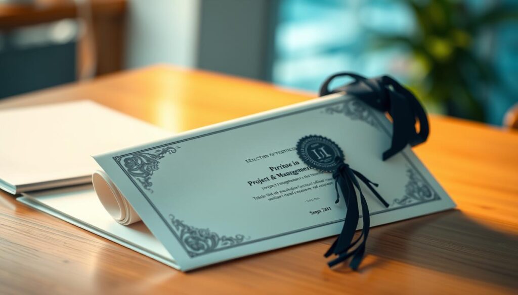 A sleek, professional-looking project management certification diploma resting on a wooden desk, illuminated by soft, warm lighting. The diploma is showcased against a blurred background, emphasizing its importance. The scene exudes a sense of accomplishment, organization, and the dedication required to earn this prestigious certification. The diploma is detailed, showcasing intricate patterns and a high-quality seal, conveying the rigorous process and standards associated with this certification. The overall composition captures the essence of the "Education and Certifications" section, highlighting the value and recognition of this achievement.