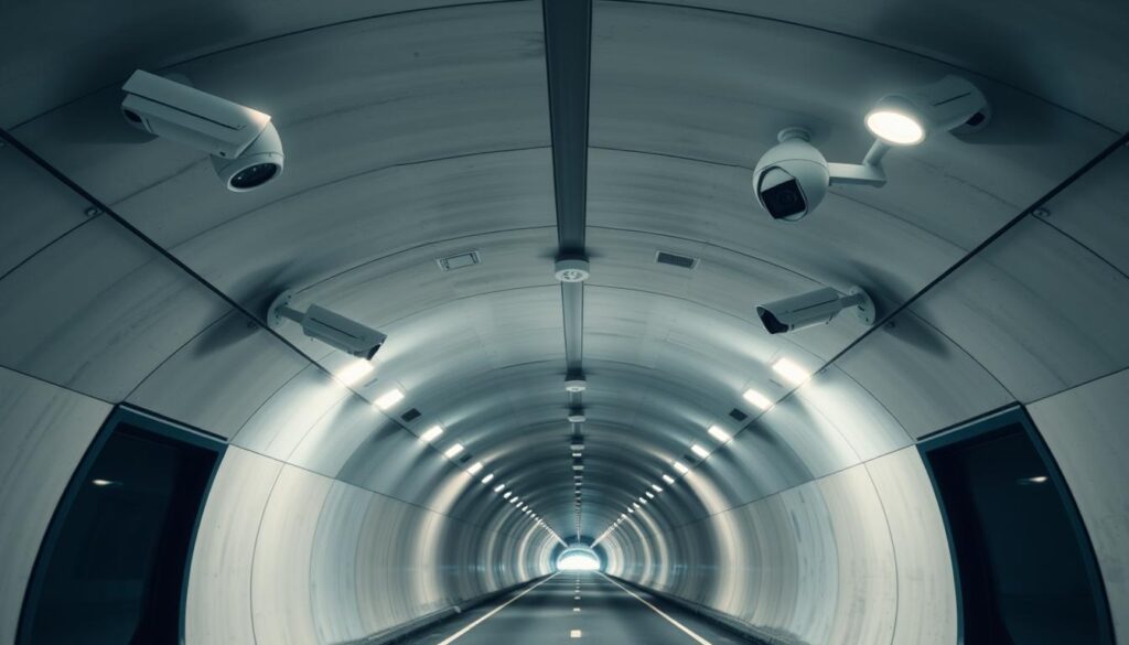 A sleek, well-lit tunnel interior, meticulously monitored by a network of state-of-the-art surveillance systems. Strategically placed high-resolution cameras capture every detail, their lenses meticulously calibrated to provide a comprehensive view of the passageway. Sensors dotting the walls and ceiling gather real-time data on temperature, humidity, and air quality, ensuring the tunnel's optimal operation. Overhead, a series of LED lights cast a warm, even glow, illuminating the smooth, concrete surfaces. In the distance, the tunnel stretches into the horizon, its curves and contours captured by a wide-angle lens, conveying a sense of scale and depth. This meticulous monitoring system is the backbone of a well-maintained, efficient tunnel transportation network.