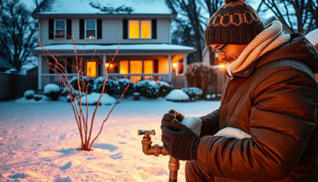 A snow-covered backyard with a two-story house in the background. In the foreground, a homeowner is wrapping insulation around exposed outdoor faucets and pipes, preparing them for the winter. The scene is lit by a warm, golden glow from the house's windows, casting a cozy atmosphere. The homeowner is wearing a thick winter coat, gloves, and a beanie, emphasizing the chilly outdoor conditions. In the middle ground, a few bare trees sway gently in the breeze, adding to the wintry feel. The overall composition conveys the importance of properly winterizing plumbing to protect against the harsh winter elements.