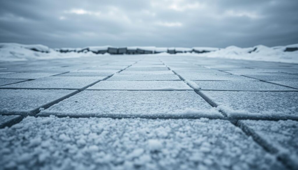 A snowy, icy pavement stretches across the frame, its surface dotted with intricate patterns of frost crystals. In the background, a bleak, overcast sky looms, casting a somber mood over the scene. Strategically placed lighting illuminates the pavement, highlighting the subtle textures and contours that have been carefully designed to handle the harsh winter conditions. The camera angles showcase the pavement's unique architectural features, such as its sloped edges and grooved surface, which are engineered to facilitate efficient drainage and prevent ice buildup. The overall composition conveys a sense of functional elegance, highlighting the pavement's dual purpose of providing a practical and aesthetically pleasing outdoor living space, even in the coldest of climates.