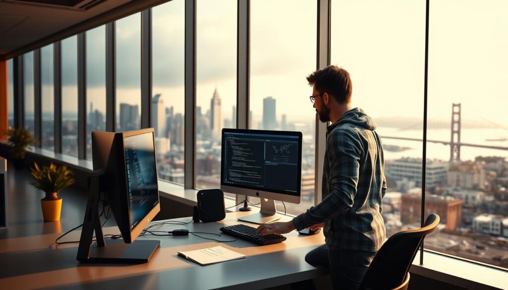 A software developer in a modern, open-plan office overlooking the iconic Silicon Valley skyline. Warm, diffused lighting from large windows casts a soft glow on the developer's workspace, featuring a sleek, minimalist desk setup with a high-end computer, dual monitors, and a clutter-free surface. In the background, the cityscape of San Francisco is visible, with its towering skyscrapers and the Golden Gate Bridge in the distance. The developer, dressed in casual, tech-savvy attire, is focused on their screen, hands flying across the keyboard, reflecting the high-intensity, fast-paced nature of the industry. The overall atmosphere conveys a sense of productivity, innovation, and the financial success associated with the region's tech sector.