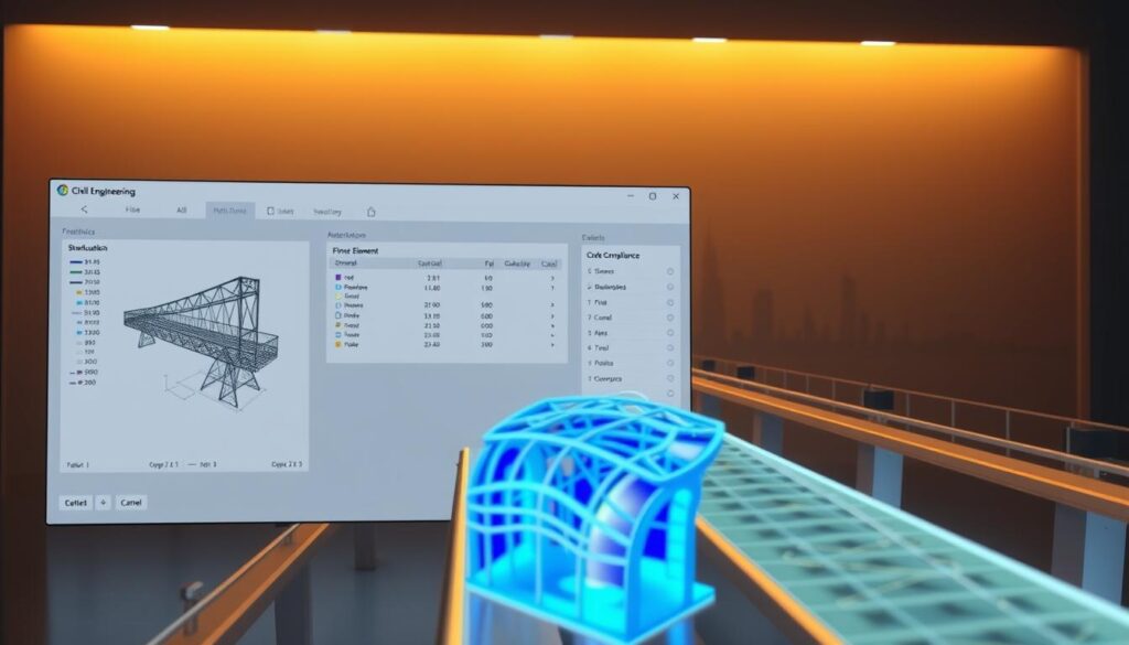 A software interface for civil engineering analysis, showcasing structural diagrams, finite element simulations, and compliance visualizations. Warm, indirect lighting illuminates the intuitive user experience, with clean lines and a minimalist aesthetic. The foreground features a 3D model of a bridge, with stress calculations and material properties displayed. In the middle ground, a material selection panel and a code compliance checklist. The background subtly depicts a city skyline, hinting at the software's real-world applications. A sense of professionalism and technical expertise permeates the scene, reflecting the software's ability to streamline civil engineering design workflows.