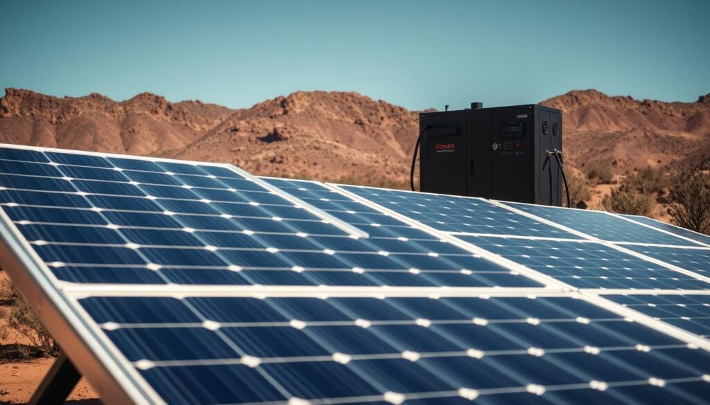A solar array set against a rugged, off-grid landscape. In the foreground, solar panels capture sunlight, their sleek lines and gleaming surfaces reflecting the bright, natural lighting. In the middle ground, a sturdy battery bank and power inverter stand ready to store and distribute the harvested energy. The background depicts a remote, untamed wilderness - perhaps a mountain range or desert terrain - hinting at the self-reliant nature of this off-grid system. The overall scene conveys a sense of technical precision, sustainable living, and harmonious integration with the natural environment.