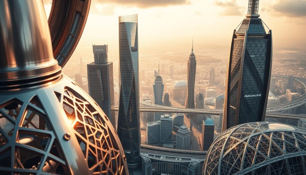 A sophisticated, futuristic cityscape with a focus on cutting-edge civil engineering materials. In the foreground, gleaming steel and glass structures showcase advanced smart materials, their surfaces shimmering with an iridescent glow. Embedded sensors and intricate lattice-work patterns hint at their dynamic, responsive properties. In the middle ground, towering skyscrapers and bridges incorporate self-healing concrete, shape-shifting beams, and energy-harvesting facades. The background features a sprawling urban landscape bathed in warm, diffused lighting, creating an atmosphere of innovation and progress. Dramatic camera angles, wide-angle lenses, and a cinematic color palette imbue the scene with a sense of grandeur and technological wonder.