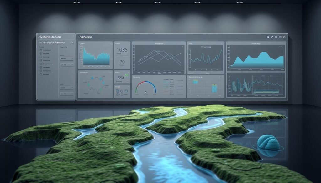 A sophisticated hydrological modeling software interface, rendered in high resolution. The foreground displays a detailed 3D visualization of a river basin, complete with topographical data, flow patterns, and water level indicators. The middle ground showcases a suite of analytical tools, graphs, and simulation controls, allowing the user to manipulate various parameters. The background features a sleek, minimalist design with a subtle color palette, creating a sense of technological elegance. Soft, directional lighting illuminates the scene, casting subtle shadows and highlights to enhance the depth and realism. The overall atmosphere conveys a sense of advanced hydrological engineering, blending cutting-edge technology with intuitive user experience.
