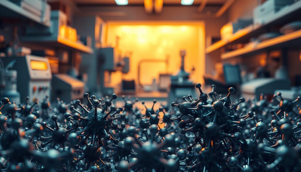 A sophisticated laboratory setting, illuminated by warm, directional lighting. In the foreground, an array of intricate nanomaterials, their complex structures and diverse compositions visible under high magnification. In the middle ground, specialized scientific equipment and instruments, reflecting the advanced nature of nanotechnology research. The background fades into a hazy, abstract realm, suggesting the boundless potential of these microscopic wonders to transform the field of engineering. Captured with a sharp, high-resolution lens to showcase the intricate details and captivating visual aesthetic of nanomaterials.