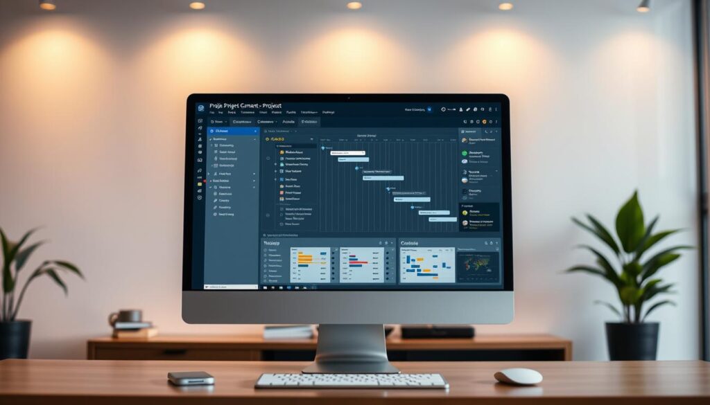 A sophisticated project management software interface displayed on a modern desktop computer, with a clean and intuitive layout. The main window showcases various tools and features such as Gantt charts, task lists, resource allocation, and real-time project status updates. The interface is bathed in a warm, inviting lighting, reflecting the professionalism and efficiency of the software. The overall atmosphere conveys a sense of organization, productivity, and collaborative workflow essential for effective project management.