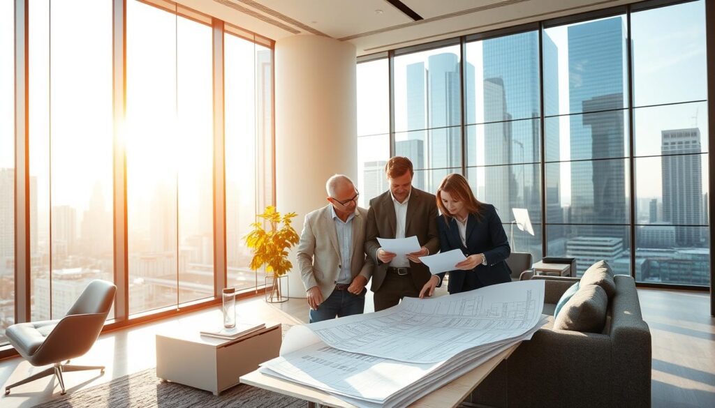A spacious and well-lit office setting, with a large glass window overlooking a cityscape. In the foreground, a team of professional glass engineers poring over blueprints and schematics, discussing the intricacies of building code compliance. The middle ground features a mix of modern furniture and technical equipment, creating an atmosphere of expertise and innovation. In the background, a skyline of towering glass-clad skyscrapers, reflecting the sun's rays and creating a play of light and shadow. The overall scene conveys the importance of glass engineering in the design and construction of sustainable, code-compliant, and visually stunning architectural masterpieces.
