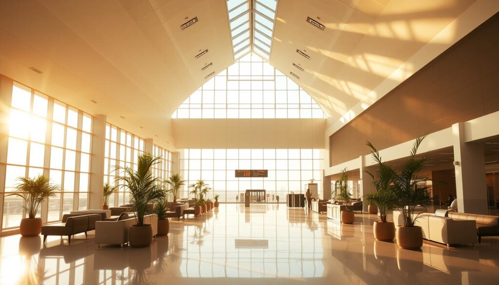 A spacious, contemporary airport terminal flooded with warm, diffused natural light filtering through large, panoramic windows. The airy, sun-dappled interior showcases clean architectural lines, with a high, vaulted ceiling that creates a sense of openness and grandeur. Sleek, minimalist furnishings and polished surfaces reflect the natural light, while strategically placed potted plants and greenery add pops of color and a touch of organic elegance. Gentle sunbeams cast soft, ambient illumination that creates a calming, inviting atmosphere, perfect for passengers to relax and unwind before their flights.