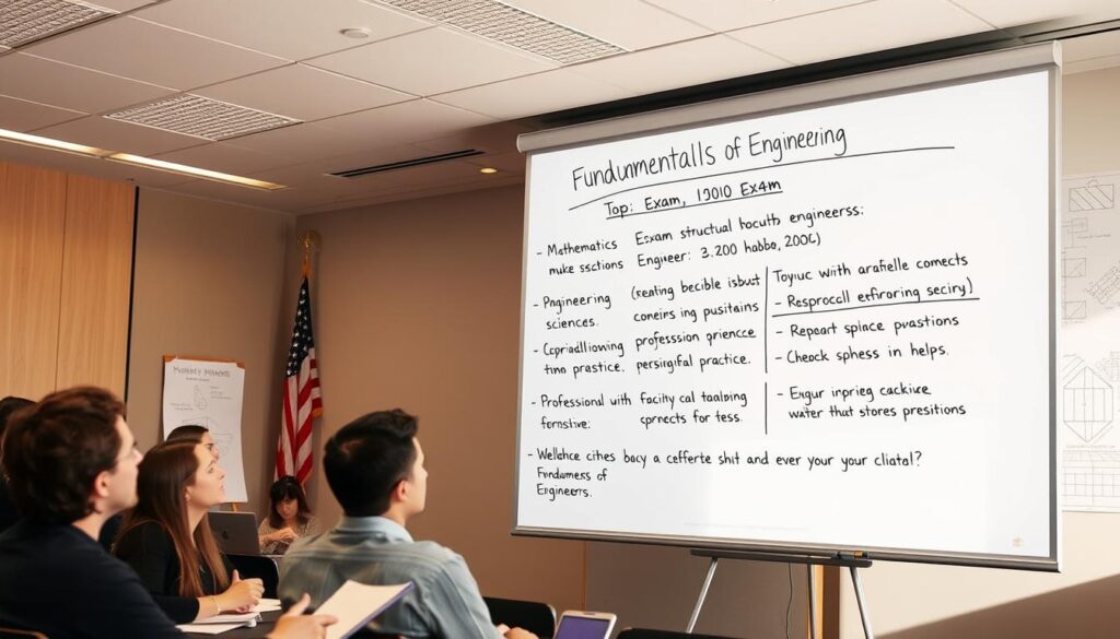 A spacious, well-lit conference room with a large whiteboard displaying a detailed outline of the Fundamentals of Engineering (FE) exam structure. The whiteboard includes sections for topics like mathematics, engineering sciences, and professional practice, along with the exam duration, number of questions, and passing score requirements. In the foreground, a group of aspiring structural engineers attentively taking notes, while in the background, an American flag and engineering diagrams convey a sense of professionalism and technical expertise. The lighting is warm and natural, creating a focused, study-friendly atmosphere.