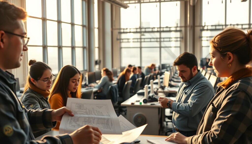 A spacious, well-lit industrial training facility. In the foreground, a group of engineers engaged in hands-on exercises, studying technical diagrams and schematics. Their faces convey a sense of focus and determination. In the middle ground, rows of workstations equipped with state-of-the-art engineering tools and computers. Trainees collaborate, sharing knowledge and problem-solving techniques. The background features large windows overlooking a urban skyline, bathed in warm, natural light. The overall atmosphere is one of professional growth, intellectual curiosity, and a shared commitment to developing engineering expertise.