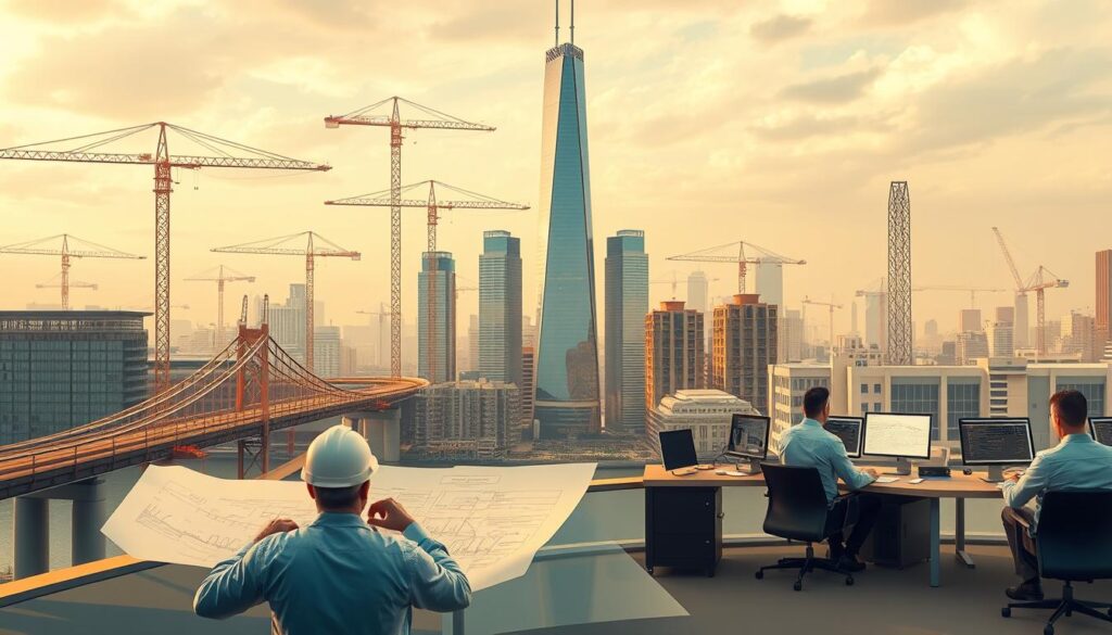 A sprawling architectural landscape depicting the diverse career paths in structural engineering. In the foreground, a team of engineers collaborating on a bridge design, their hands gesturing over blueprints. In the middle ground, a towering skyscraper under construction, cranes and scaffolding reaching skyward. In the background, a tranquil office setting, engineers poring over computer models and technical diagrams. Warm, diffused lighting casts a professional, contemplative mood. The scene conveys the breadth of opportunities in structural engineering, from hands-on project management to specialized analysis and design.