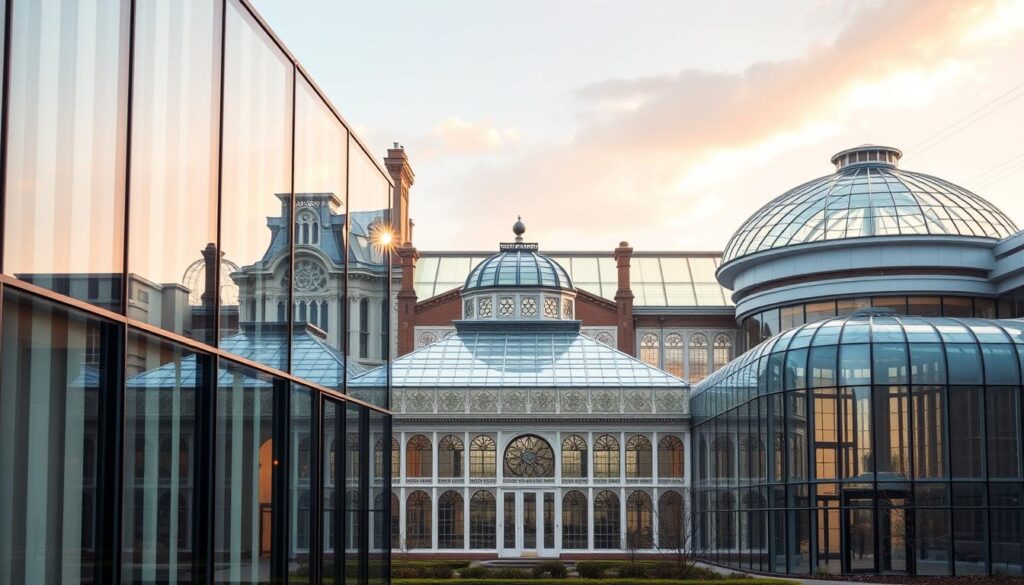 A sprawling architectural landscape, showcasing a variety of glazing systems. In the foreground, a sleek, modern glass curtain wall system with seamless vertical and horizontal mullions. Behind it, a traditional Victorian-era conservatory with ornate, arched windows and intricate lead caming. Further in the distance, a contemporary glass atrium with sweeping, curved panes and a central skylight. Warm, diffused lighting filters through the various glazing types, creating a harmonious, luminous atmosphere. The scene is captured from a slightly elevated perspective, allowing the viewer to appreciate the interplay of different glazing technologies and their aesthetic and functional characteristics.