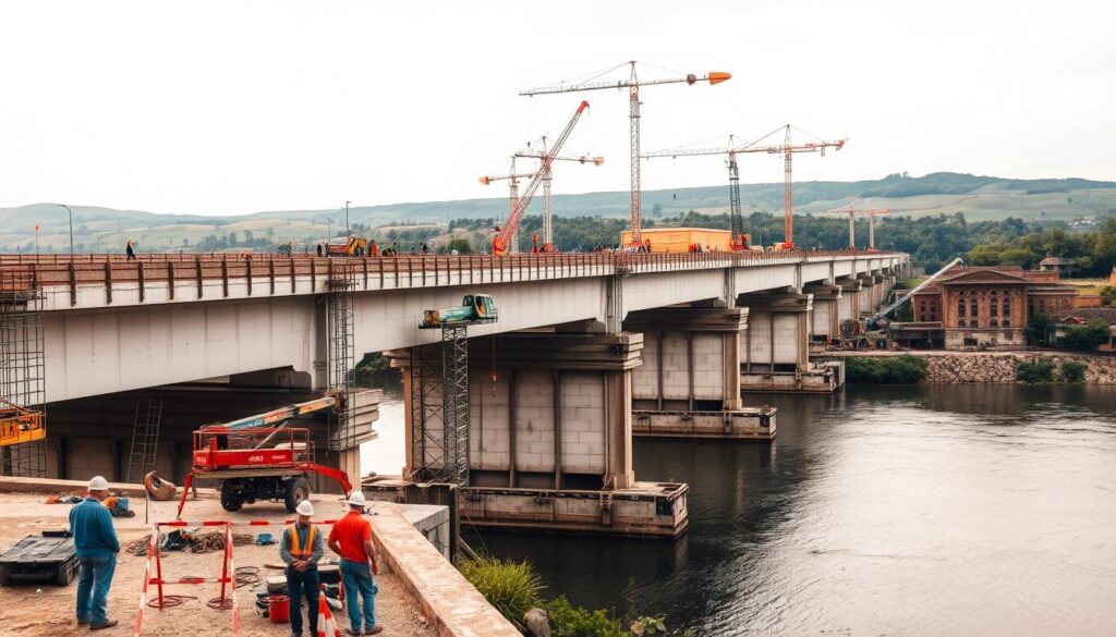 A sprawling bridge spanning a tranquil river, its concrete structure weathered by the elements. In the foreground, engineers inspect the bridge's foundations, discussing rehabilitation strategies. Scaffolding and construction equipment dot the scene, hinting at ongoing repair work. In the middle ground, cranes and lifts hover around the bridge, their operators deftly maneuvering to reach trouble spots. The background is a serene landscape, with rolling hills and lush greenery, creating a sense of harmony between the industrial task and the natural surroundings. Warm, diffused lighting casts a soft glow, emphasizing the care and precision required for successful bridge maintenance.