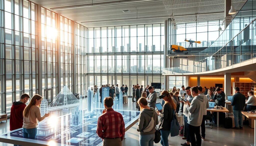 A sprawling campus library, its glass facade reflecting the sun's warm glow. In the foreground, students huddle around a sleek, touch-screen table, exploring interactive 3D models of bridges and skyscrapers. Holograms flicker to life, demonstrating the latest construction techniques. In the middle ground, a group gathers in a bright, open-plan classroom, poring over tablets and laptops, engaged in virtual reality simulations of infrastructure projects. In the background, a state-of-the-art engineering lab, bustling with students testing robotic construction equipment and drone-based surveying tools. The atmosphere is one of discovery, innovation, and a vision for the future of civil engineering education.