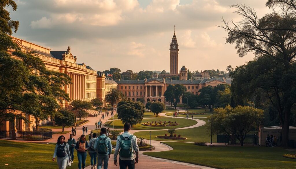 A sprawling campus nestled in the heart of Nairobi, the University of Nairobi's civil engineering programs command attention. Majestic neo-colonial buildings stand tall, flanked by lush greenery and winding pathways. In the foreground, students hurry to and fro, their backpacks laden with textbooks and design schematics. The middle ground reveals state-of-the-art laboratories, where young minds tinker with cutting-edge technology, honing their skills to tackle the engineering challenges of tomorrow. In the background, the iconic Kenyatta University tower rises, a testament to the institution's academic prowess. Warm, golden lighting casts a sense of ambition and innovation, capturing the essence of this regional leader in civil engineering education.