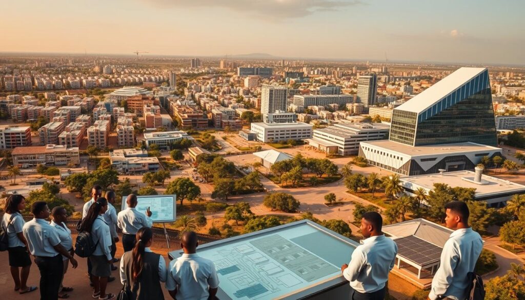 A sprawling campus set against the backdrop of a vibrant African city, the civil engineering colleges stand tall and proud. In the foreground, students in crisp uniforms gather around interactive displays, discussing complex schematics and project designs. The mid-ground features modern, well-equipped laboratories where cutting-edge research and experiments take place. In the distance, sleek, energy-efficient buildings housing classrooms and administrative offices dot the landscape, their angular designs echoing the discipline's focus on practicality and efficiency. Warm, golden light bathes the scene, conveying a sense of optimism and opportunity. The overall atmosphere reflects the colleges' commitment to shaping the next generation of civil engineering leaders who will drive Africa's infrastructure development.