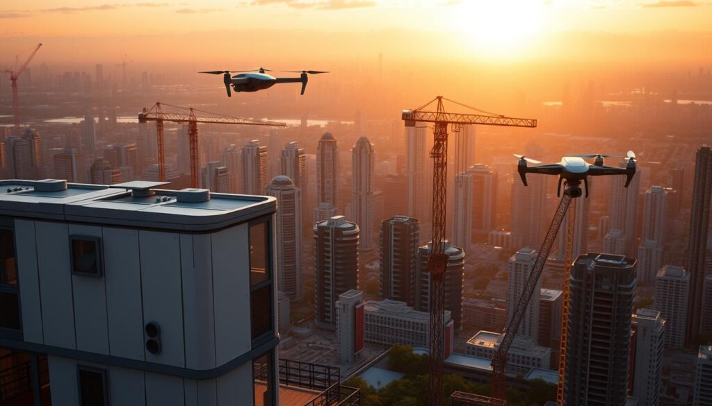 A sprawling city skyline of modular high-rises and smart buildings, bathed in warm sunset hues. In the foreground, a modular housing unit with sleek, geometric forms and adjustable panels, showcasing the flexibility and customization of future modular design. In the middle ground, advanced construction robots and drones seamlessly assemble modular components, illustrating the automation and efficiency of next-generation modular building. The background features a horizon of gleaming, interconnected skyscrapers, suggesting the integrated, sustainable vision of future modular cities. Cinematic lighting, realistic textures, and a sense of depth and scale convey the grandeur and potential of modular construction's evolution.