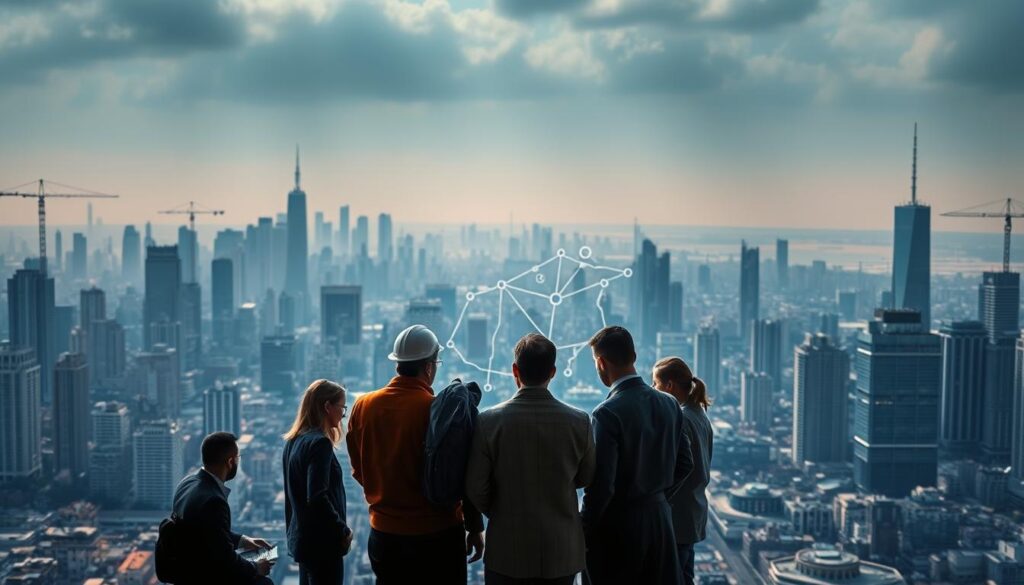 A sprawling city skyline, towering skyscrapers and cranes dotting the horizon, symbolizing the complex web of infrastructure that powers urban development. In the foreground, a team of engineers and policymakers gathered around a holographic display, collaborating on plans to optimize the city's transportation network. Warm, directional lighting casts dramatic shadows, highlighting the intensity of their discussion. The scene conveys a sense of collaborative problem-solving, where stakeholders from diverse backgrounds work together to address the challenges of modern urban infrastructure management.