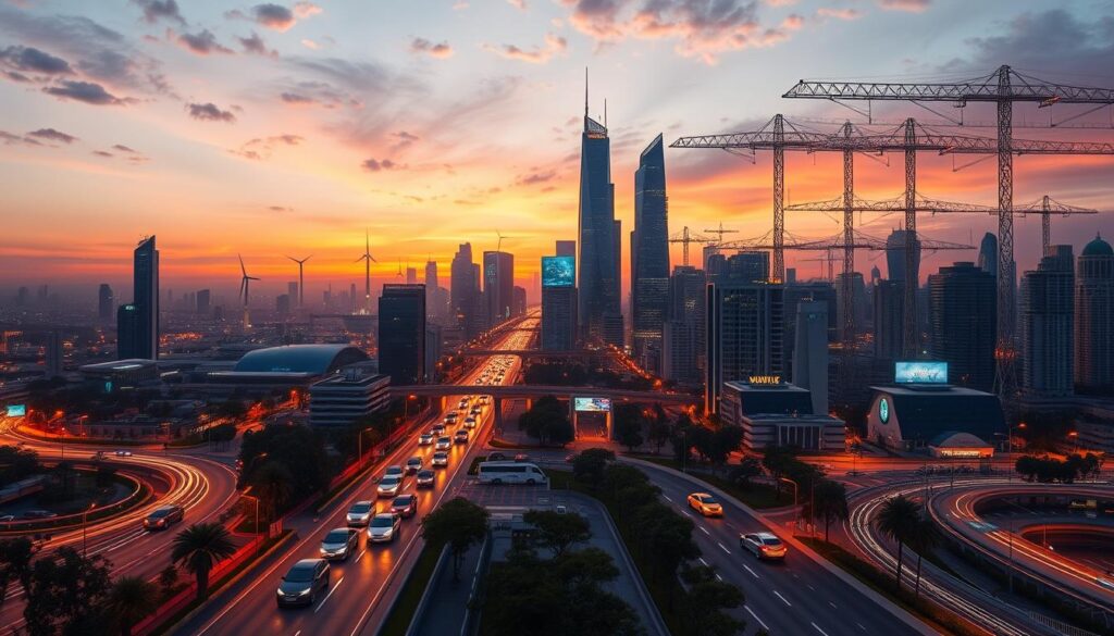 A sprawling cityscape at dusk, bathed in warm hues of orange and amber. In the foreground, sleek autonomous vehicles navigate seamlessly along illuminated smart roads, sensors and cameras lining the streets. The middle ground reveals towering skyscrapers adorned with solar panels and wind turbines, emanating a sense of energy efficiency. In the background, a complex network of interconnected infrastructure - smart grids, intelligent lighting systems, and data centers - converge to power the city's thriving ecosystem. The scene exudes a harmonious balance between technology and sustainability, a vision of the modern urban landscape.
