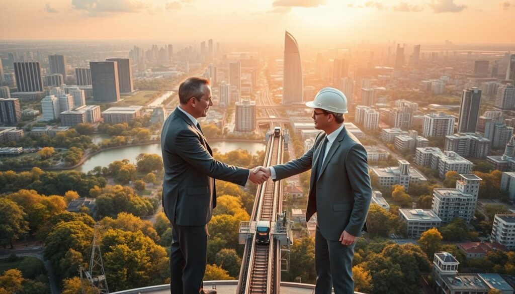 A sprawling cityscape bathed in warm, golden light, showcasing the harmonious interplay between modern high-rises and lush, verdant parks. In the foreground, two businesspeople in tailored suits shake hands, symbolizing a public-private partnership forged to drive sustainable infrastructure development. The middle ground reveals construction workers and engineers collaborating on a cutting-edge transit system, their efforts bolstered by the complementary resources and expertise of government and corporate entities. In the background, a stunning panorama of renewable energy installations, smart city technologies, and eco-friendly urban planning, all coming together to create a vision of a sustainable, prosperous future.