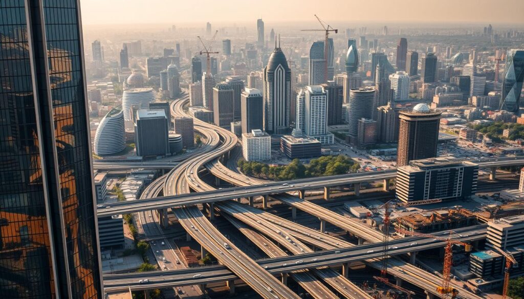 A sprawling cityscape in Nairobi, Kenya, where towering skyscrapers and modern infrastructure stand as a testament to the nation's civil engineering prowess. In the foreground, a sleek, glass-paneled high-rise rises majestically, its sleek lines and innovative design reflecting the cutting-edge technologies being employed. In the middle ground, a network of elevated highways and light rail systems weave through the urban landscape, facilitating efficient transportation and connectivity. The background is dotted with construction sites, where robotic cranes and autonomous vehicles work in harmony, showcasing the integration of emerging technologies like AI, automation, and renewable energy in the civil engineering sector. The scene is bathed in warm, golden light, creating a sense of optimism and progress as Kenya embraces the future of its built environment.