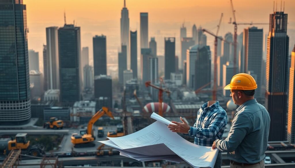 A sprawling cityscape, its glass-and-steel skyscrapers bathed in the warm glow of the setting sun. In the foreground, a team of civil engineers pore over blueprints, gesturing animatedly as they discuss plans for a new infrastructure project. In the middle ground, heavy machinery stands ready, cranes and excavators poised to begin construction. The background is a hazy skyline, hinting at the vast network of roads, bridges, and utilities that these consultants oversee. The scene exudes a sense of precision, expertise, and the collaborative effort required to build the foundations of a thriving urban landscape.
