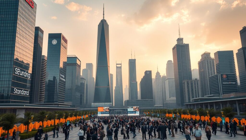 A sprawling cityscape of gleaming skyscrapers, each adorned with the logos of global engineering standards organizations. Towering above the urban landscape, these edifices radiate a sense of authority and influence. In the foreground, a bustling plaza where representatives from various standard-setting bodies converse, exchanging ideas and forging international collaborations. The scene is illuminated by warm, diffused lighting, casting a halo of professionalism and innovation. A wide-angle lens captures the grandeur of this global hub of engineering standardization, where the future of technological progress is shaped.