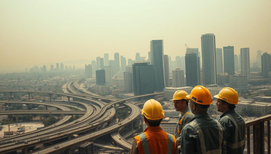 A sprawling cityscape of skyscrapers and highways, with crumbling infrastructure and construction sites dotting the landscape. In the foreground, a team of civil engineers in hard hats inspecting a damaged bridge, their expressions thoughtful as they assess the challenges before them. The sky is hazy, casting a moody, amber-tinted light over the scene, reflecting the complexities and difficulties faced by those tasked with maintaining and improving California's built environment. The image conveys a sense of the ongoing struggle to keep the state's vital infrastructure in working order, despite the ever-present threats of earthquakes, aging systems, and limited resources.