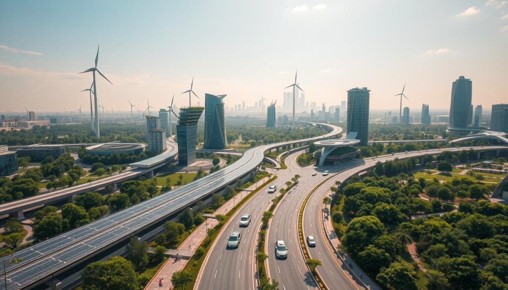 A sprawling cityscape of the future, where sustainable infrastructure seamlessly blends with nature. In the foreground, sleek electric vehicles glide silently along solar-powered roadways, while towering wind turbines dot the horizon, harnessing the power of the elements. In the middle ground, futuristic high-rise buildings feature lush rooftop gardens and vertical farms, providing food and greenery in an urban setting. The background is dotted with verdant parks, crisscrossed by pedestrian-friendly walkways and bike lanes, all bathed in the warm glow of diffused natural light. The overall scene conveys a sense of harmony, balance, and a deep respect for the environment, showcasing the potential of sustainable infrastructure to shape a greener tomorrow.