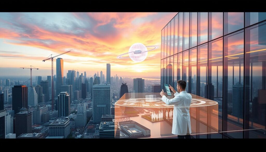 A sprawling cityscape, skyscrapers and cranes reaching towards a vibrant sky. In the foreground, a sleek, modern office building with clean lines and expansive glass panels. Holograms and holographic displays project dynamic simulations of engineering projects, with engineers in white lab coats gesturing and interacting with the fluid, 3D models. The atmosphere is one of innovation and technological advancement, showcasing the future of civil engineering software that will redefine the industry.
