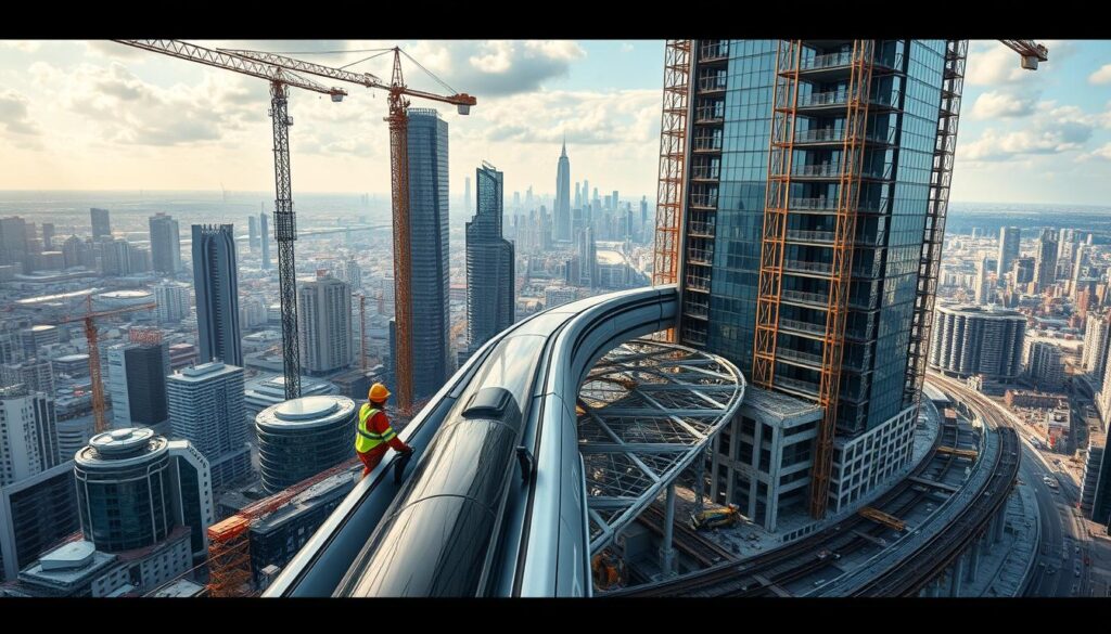 A sprawling cityscape unfolds, bustling with the construction of gleaming skyscrapers, towering cranes, and intricate transportation networks. The foreground is dominated by a sleek, futuristic monorail system gliding effortlessly through the urban landscape, its streamlined design a testament to the innovative thinking shaping the future of public works engineering. In the middle ground, construction workers in neon-hued safety gear meticulously assemble the framework of a new high-rise, their efforts captured in a cinematic, high-contrast lighting that casts dramatic shadows. The background reveals a panoramic vista of the city, its skyline reaching towards the sky, punctuated by the glow of renewable energy sources and the rhythmic pulse of traffic. The overall atmosphere is one of dynamic progress, where cutting-edge technology and sustainable design converge to redefine the urban landscape.