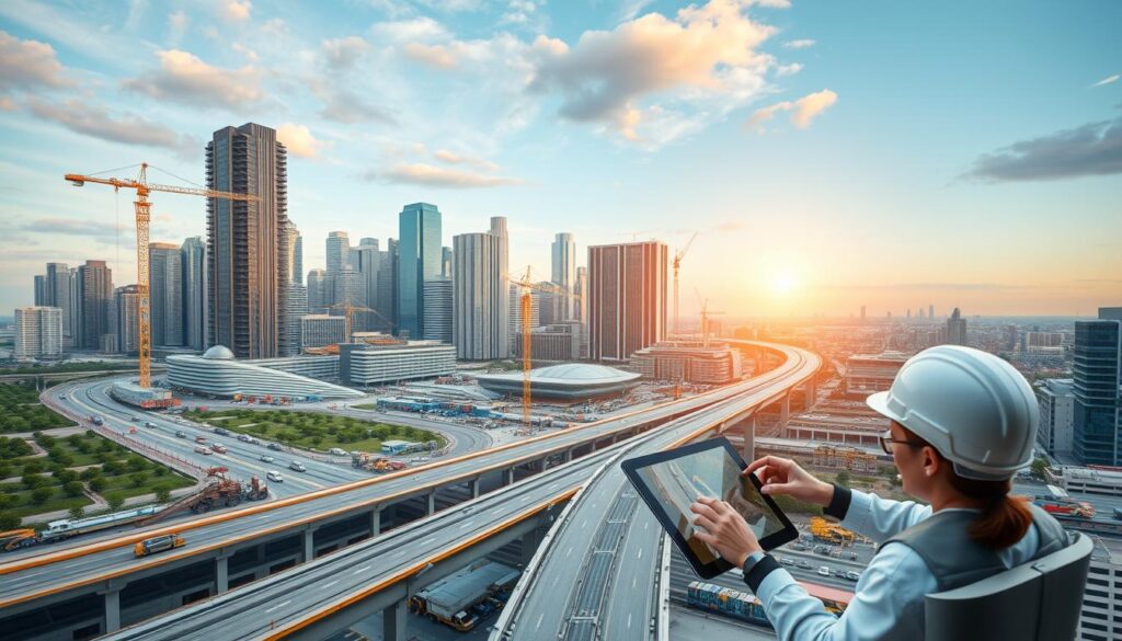 A sprawling cityscape with modern infrastructure and construction projects, showcasing the integration of Building Information Modeling (BIM) technologies. In the foreground, a detailed 3D model of a bridge or highway system is displayed on a tablet, with engineers collaborating around it. The middle ground features a construction site with cranes, workers, and various BIM-enabled equipment. In the background, towering skyscrapers, transportation hubs, and green spaces create a dynamic urban landscape. The scene is illuminated by a warm, golden-hour lighting, conveying a sense of progress and innovation in the civil engineering industry.