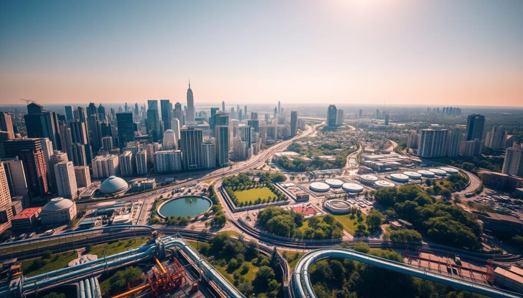 A sprawling cityscape with towering skyscrapers and bustling streets. In the foreground, a network of pipes, valves, and pumping stations weave through the urban landscape, conveying water to homes and businesses. The middle ground features open-air reservoirs, treatment plants, and verdant green spaces that integrate water management infrastructure. Overhead, a clear blue sky is illuminated by warm, natural sunlight, casting long shadows and highlighting the intricate engineering. The overall scene conveys a harmonious blend of modern urban development and essential water management systems, showcasing the essential role of water infrastructure in sustaining a thriving city.