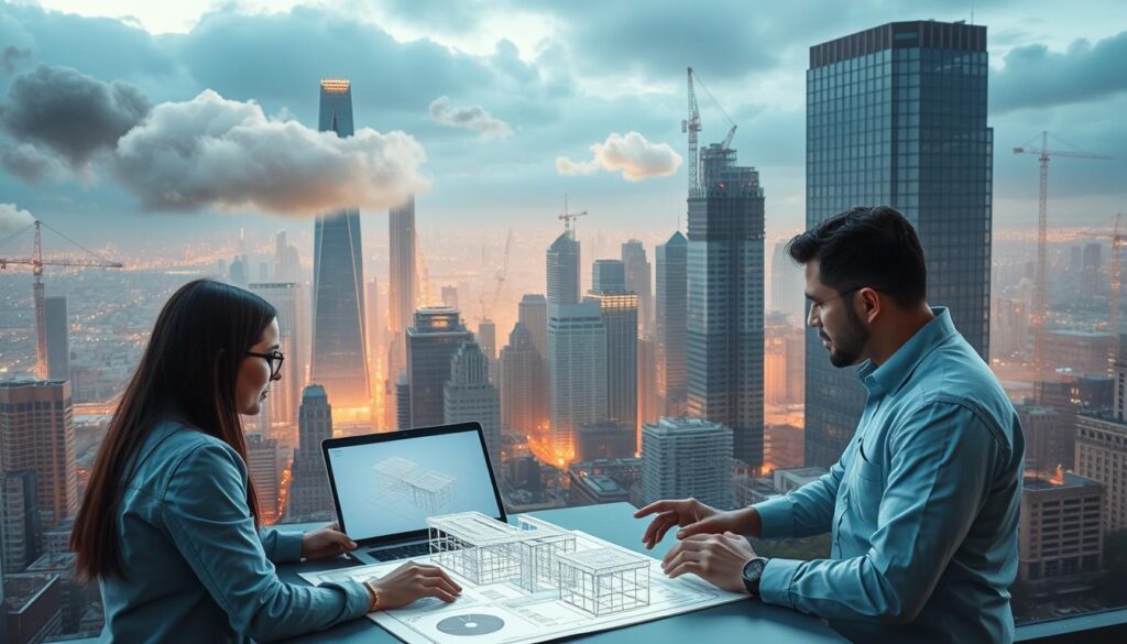 A sprawling cityscape with towering skyscrapers and bustling urban life. In the foreground, a team of civil engineers analyze a 3D model of a construction project on their laptops, the screens bathed in a soft, ambient glow. Wispy clouds float overhead, symbolic of the cloud computing infrastructure powering their work. In the background, cranes and scaffolding dot the horizon, reflecting the constant evolution of the built environment. The scene is illuminated by a warm, diffused light, creating a sense of technical sophistication and progress. The overall atmosphere conveys the seamless integration of cloud computing into the modern practice of civil engineering.