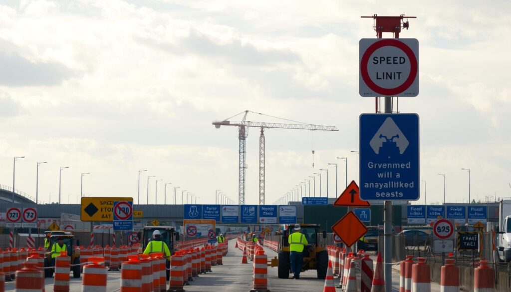 A sprawling construction site amid a backdrop of government regulations and signage. In the foreground, workers in high-vis gear operate heavy machinery, carefully navigating the maze of orange cones and barricades. The middle ground features a series of large road signs indicating speed limits, lane closures, and safety guidelines. In the distance, a towering crane hoists materials above the scene, framed by a partly cloudy sky with soft, directional lighting. The overall atmosphere conveys the complexity and bureaucracy inherent in modern road construction projects.