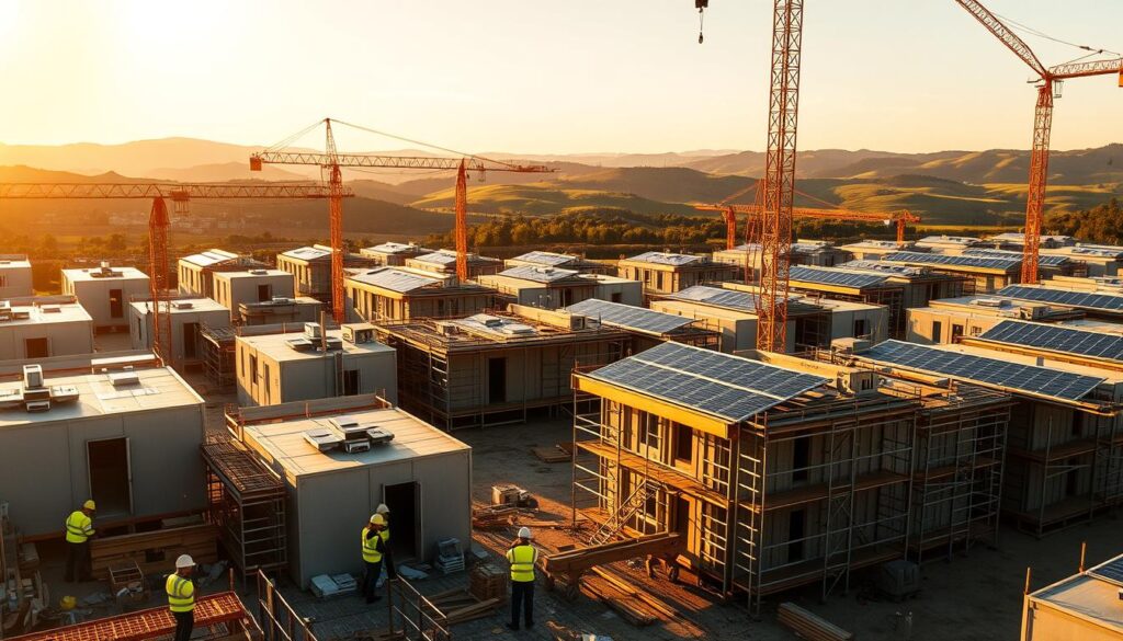A sprawling construction site, bathed in warm, golden sunlight. In the foreground, workers in hi-vis vests carefully assemble modular, energy-efficient building components. Cranes and scaffolding create a geometric backdrop, while in the middle ground, solar panels glisten on the roofs of partially completed structures. The scene exudes a sense of progress and innovation, with sustainable materials and renewable energy sources seamlessly integrated into the built environment. In the distance, a horizon of lush, verdant hills suggests a harmonious blend of nature and human development. The overall mood is one of optimism and environmental responsibility, showcasing the economic benefits of forward-thinking, sustainable engineering practices.