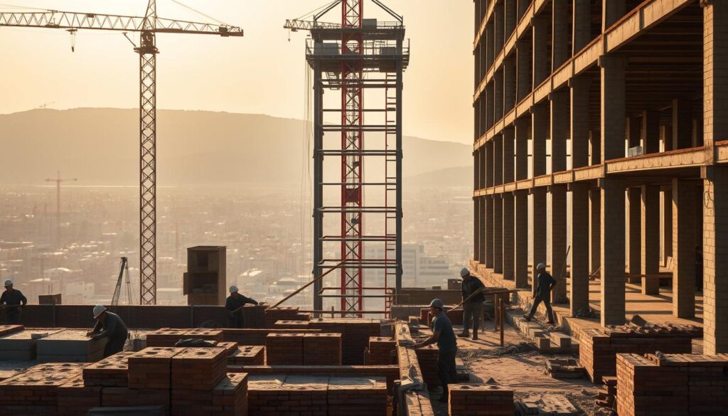 A sprawling construction site, bathed in warm sunlight, showcases the contrast between traditional and modern building techniques. In the foreground, skilled workers meticulously lay bricks and mortar, their movements precise and deliberate. In the middle ground, a towering steel frame rises, its sleek lines and efficient assembly a testament to cutting-edge engineering. The background is filled with the soft hues of a picturesque cityscape, hinting at the integration of old and new. The scene is captured through a wide-angle lens, emphasizing the scale and scope of the project. The overall mood is one of progress, as the past and future of construction coexist in a harmonious dance.