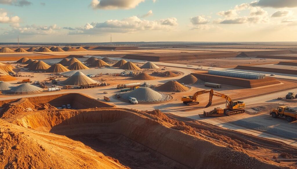 A sprawling construction site bustling with heavy machinery, workers diligently operating excavators, bulldozers, and backhoes, reshaping the earth with precision. In the foreground, a massive pile of freshly excavated soil and rock, ready to be relocated and graded. In the middle ground, towering piles of crushed stone and gravel, the raw materials for the project's foundation. Stretching into the distance, a network of earthen berms and trenches, the result of extensive site preparation. Warm, golden sunlight filters through a partially cloudy sky, casting long shadows and a sense of hard work and progress. A scene of comprehensive earthwork services, capturing the essence of reliable heavy civil construction.