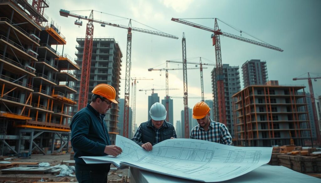 A sprawling construction site, cranes and scaffolding reach skyward against a backdrop of partially completed buildings. In the foreground, a team of architects and engineers pore over blueprints, strategizing ways to optimize the design for cost savings. The scene is bathed in warm, diffused lighting, suggesting an atmosphere of focused innovation and problem-solving. Geometric patterns and modular elements hint at the application of design principles to reduce material waste and streamline the building process. The overall impression conveys a sense of purposeful, collaborative effort to find innovative solutions to the challenges of construction cost reduction.