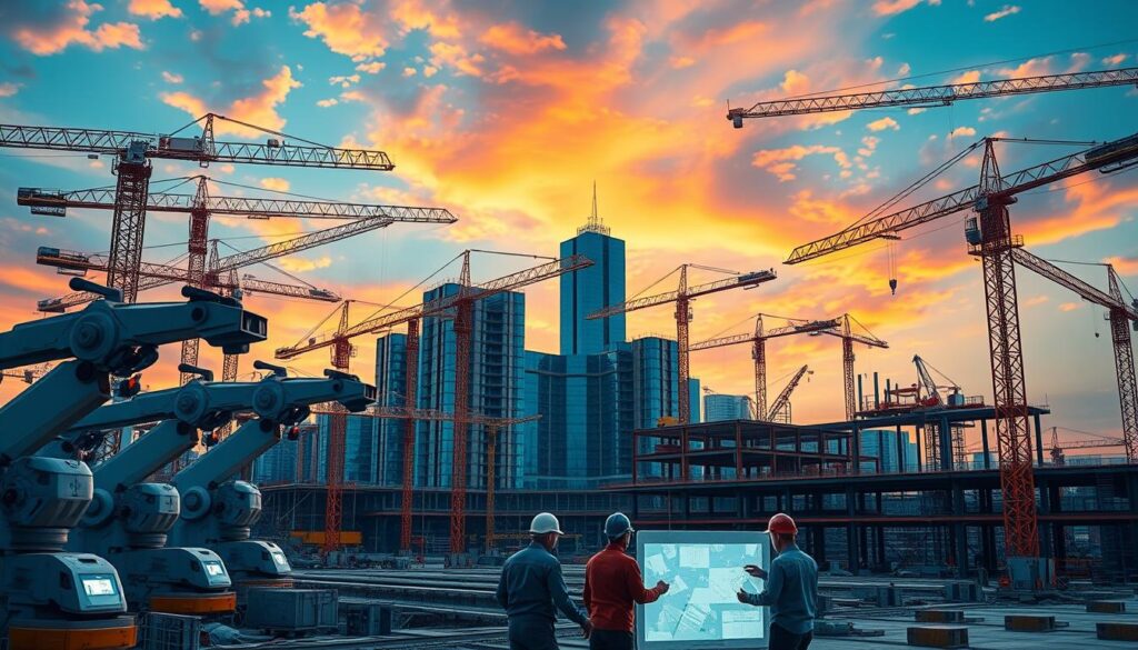 A sprawling construction site, cranes towering against a vibrant sky. In the foreground, robotic arms and autonomous vehicles seamlessly coordinate, their movements guided by intricate AI algorithms. The middle ground features workers in hard hats collaborating with holographic blueprints, their actions monitored and optimized by intelligent systems. In the background, a towering skyscraper takes shape, its design and structural integrity meticulously analyzed by advanced predictive models. The scene radiates a sense of technological innovation and efficient, data-driven progress, capturing the transformative power of AI in shaping the future of civil engineering.