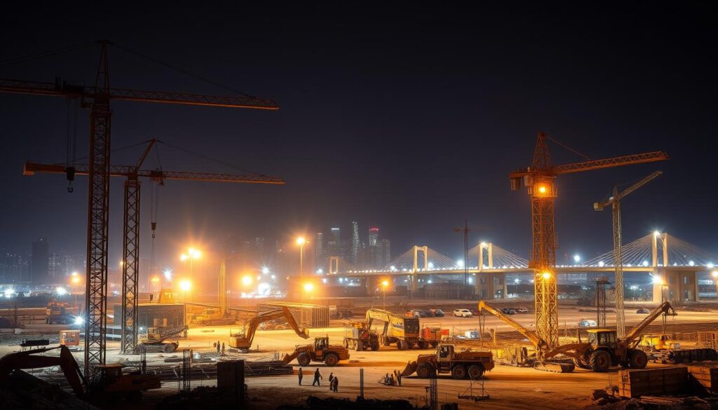 A sprawling construction site, illuminated by the warm glow of floodlights, showcases the evolution of heavy civil engineering in America. In the foreground, towering cranes delicately lift steel beams, while bulldozers and excavators reshape the landscape, carving out the foundations for a new era of infrastructure. The middle ground is a hive of activity, with workers in hard hats and high-visibility vests overseeing the intricate dance of machinery and materials. In the distance, the silhouettes of skyscrapers and bridges emerge, testament to the ambition and ingenuity that have defined the country's engineering legacy. The scene is imbued with a sense of progress and possibility, capturing the spirit of innovation that has driven the advancement of heavy civil construction in the United States.
