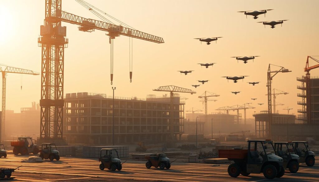 A sprawling construction site, illuminated by warm, golden sunlight filtering through hazy skies. In the foreground, a towering robotic crane effortlessly lifts and maneuvers heavy construction materials, its mechanical limbs moving with precision. In the middle ground, autonomous wheelbarrows and forklifts shuttle supplies across the site, their sensors guiding them with remarkable dexterity. In the background, a fleet of drones hovers, surveying the progress and relaying data to a central command center. The scene exudes a sense of efficiency, technological advancement, and the seamless integration of automation into the construction industry.