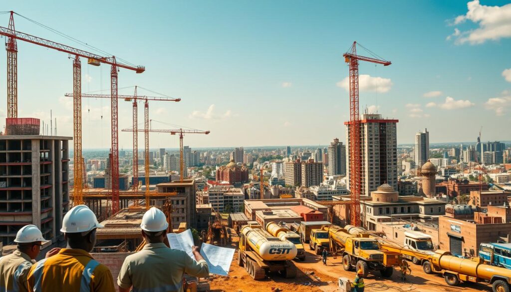 A sprawling construction site in a vibrant African city, with towering cranes and massive concrete structures rising into a cloudless azure sky. In the foreground, hardhat-clad engineers oversee the progress, analyzing blueprints and coordinating teams of skilled tradespeople. The midground features a diverse array of civil engineering machinery, from earthmovers to specialized concrete pumps, all working in seamless harmony. In the background, a bustling urban landscape unfolds, with modern high-rises and historic structures coexisting, showcasing the fusion of tradition and innovation that defines African civil engineering. The scene is bathed in warm, golden sunlight, evoking a sense of progress, ambition, and the tireless efforts of those who shape the built environment of the continent.