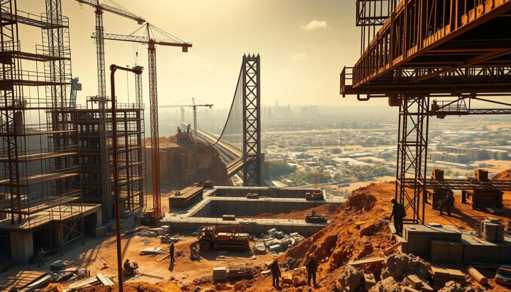 A sprawling construction site in the heart of East Africa, where civil engineers navigate intricate challenges. In the foreground, workers toil amidst a maze of scaffolding, cranes, and heavy machinery, their faces etched with determination. The middle ground reveals the foundations of a towering bridge, its steel girders rising skyward, while in the distance, a bustling city skyline emerges, hinting at the scale of the undertaking. Warm, golden sunlight filters through the haze, casting dramatic shadows and highlighting the rugged, textured terrain. The atmosphere is one of resilience and innovation, as the engineers strive to overcome the region's unique geological, climatic, and logistical obstacles.