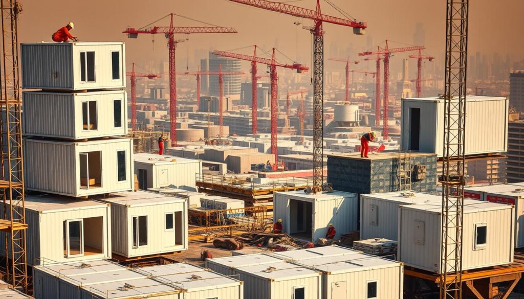 A sprawling construction site showcases the intricate process of modular building. In the foreground, sleek prefabricated modules are stacked and assembled with precision, their clean lines and geometric forms contrasting the rugged scaffolding and heavy machinery surrounding them. In the middle ground, workers in hard hats and safety gear carefully connect the modules, utilizing specialized tools and techniques. The background is a hazy cityscape, with towering cranes and partially completed structures hinting at the scale and complexity of the modular construction project. The lighting is a warm, golden hue, capturing the industrious atmosphere and the sense of progress unfolding. This image captures the efficiency, innovation, and collaborative nature of modern prefab construction methods.